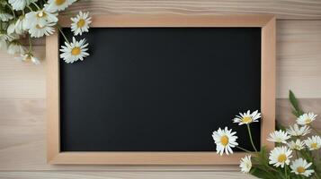 Mockup framed board with wild chamomiles on wooden table. Chalkboard with daisies template advertising image. Cute summer design with blackboard mock up product photorealistic photo