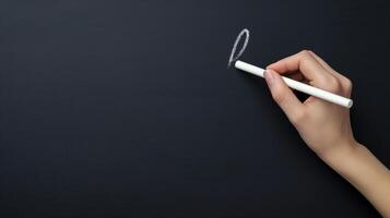 Woman teacher hand writing on blackboard banner background copy space. Female using piece of chalk image backdrop empty. Education concept composition closeup view, copyspace photo