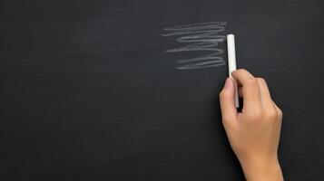 Woman hand with chalk writing on blackboard banner background copy space. School lesson image backdrop empty. Education facility concept composition closeup view, copyspace photo