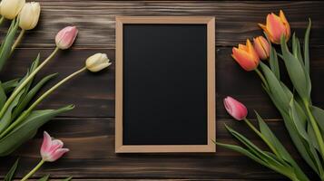 Pastel color tulips and vertical blackboard mockup on table. Festive floral flat lay with board template advertising image. Chalkboard mock up with flowers product photorealistic photo