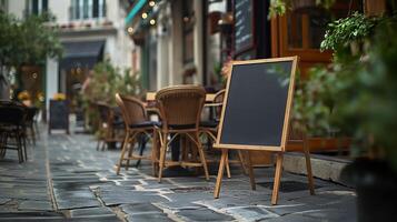 Blackboard mockup inviting guests to street cafe. Folding signboard near restaurant entrance template advertising image. Street cafe chalkboard mock up product photorealistic photo