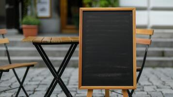 Chalkboard banner mockup near outdoor cafe table. Street restaurant menu presentation template advertising image. Blackboard signpost mock up in city product photorealistic photo