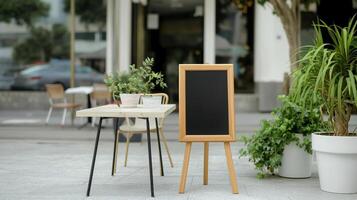 Chalkboard with wooden frame near cafe entrance mockup. Information of guests on sign template advertising image. Restaurant menu on blackboard mock up product photorealistic photo