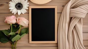 Mockup blackboard with fresh flowers and scarf . Feminine flat lay with blank board template advertising image. Greeting card with chalkboard mock up product photorealistic photo