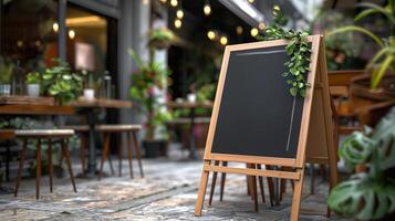Blackboard mockup with green twig on cafe terrace. Menu presentation with folding board template advertising image. Street restaurant chalkboard mock up product photorealistic photo