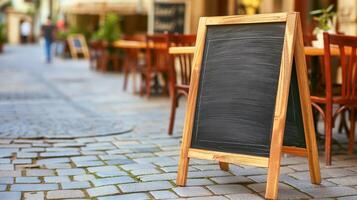 Vintage folding stand blackboard of street cafe mockup. Restaurant menu outdoor sign template advertising image. Chalkboard mock up for guests attraction product photorealistic photo