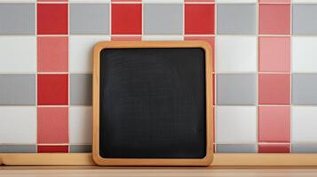 Blackboard mockup placed in wooden frame near checkered wall. Recipe note board template advertising image. Cafe menu chalkboard sign mock up on table product photorealistic photo