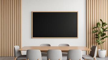 Mockup blackboard on conference room wall. Information screen installed in boardroom template advertising image. Display mock up in office environment product photorealistic photo