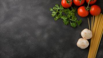 Vegetables and spaghetti border banner background copy space. Healthy ingredients of dinner cooking image backdrop empty. Vegan nutrition concept composition top view, copyspace photo