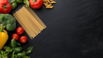 Healthy food products frame banner background copy space. Cooking vegan dish on chalkboard image backdrop empty. Organic nutrient benefits concept composition top view, copyspace photo