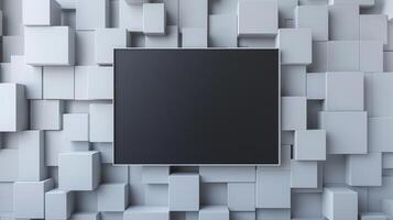 Blackboard mockup hanging on textured wall. Black signboard and abstract geometric pattern template advertising image. Chalkboard mock up for announcement product photorealistic photo