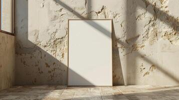 Minimalistic frame mockup against rustic textured wall with sunbeams shadows. Natural light poster photoframe template advertising image. Sunlit room pictureframe mock up photorealistic photo