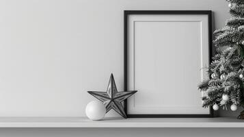 Minimalist holiday display with black frame mockup and silver star. Wintertime seasonal xmas photoframe template advertising image. X-mas pictureframe mock up product photorealistic photo