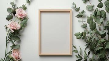 Light wooden frame mockup surrounded by soft pink roses and eucalyptus leaves. Nature-inspired photoframe border template advertising image. Romance botanical pictureframe mock up photo