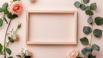Soft peach roses with eucalyptus and light wood frame mockup. Nature-inspired photoframe border template advertising image. Romance botanical pictureframe mock up photorealistic photo