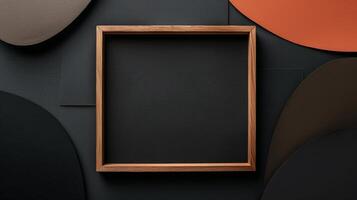Wooden frame mockup on dark geometric shapes background. Abstract dimly lit photoframe template advertising image. Contemporary design pictureframe mock up product photorealistic photo