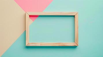 Simple wooden frame mockup on pastel geometric background. Playful photoframe template advertising image. Intersecting shapes minimalist pictureframe mock up product photorealistic photo