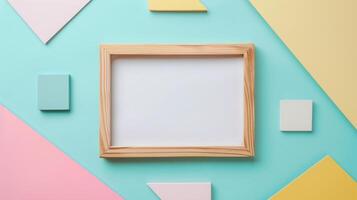 Wooden frame mockup surrounded by geometric shapes in soft pastel tones. Playful photoframe template advertising image. Abstract layout pictureframe mock up product photorealistic photo