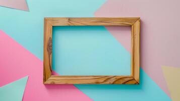 Simple wooden frame mockup rests against vibrant abstract background. Playful photoframe template advertising image. Fun composition pictureframe mock up product photorealistic photo