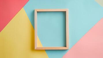 Minimalist wooden frame mockup positioned on bold pastel background. Playful photoframe template advertising image. Geometric patterns pictureframe mock up product photorealistic photo