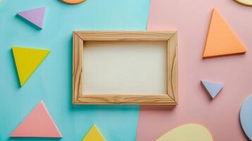Natural wooden frame mockup against colorful geometric triangles background. Playful photoframe template advertising image. Bright shapes fun pictureframe mock up product photorealistic photo