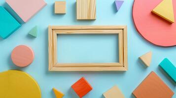 Wooden frame mockup surrounded by colorful geometric shapes. Playful arrangement photoframe template advertising image. Artistic circles, cubes, triangles pictureframe mock up product photo