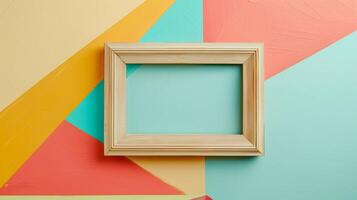Wooden frame mockup stands out against bold geometric background. Playful photoframe template advertising image. Modern and dynamic pictureframe mock up product photorealistic photo