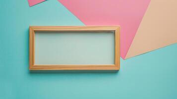 Wooden frame mockup on pastel color blocks. Playful photoframe template advertising image. Geometric design. Vibrant simple composition pictureframe mock up product photorealistic photo