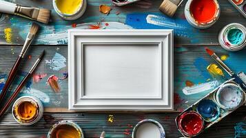 Paints and brushes with white frame mockup. Vibrant mess of paint jars, paintbrushes. Artist workspace photoframe template advertising image. Painter tools pictureframe border mock up photo