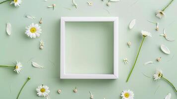 White frame mockup with daisies on light green background. Fresh petals chamomiles photoframe template advertising image. Camomiles natural border mock up product photorealistic photo
