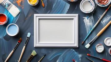 Art supplies on blue-painted canvas with white frame mockup. Artist workspace photoframe template advertising image. Painter tools pictureframe border mock up product photorealistic photo