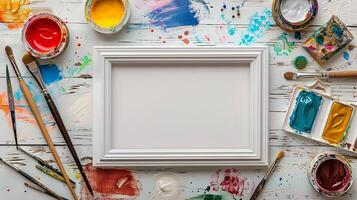Colorful splattered paints and paintbrushes with white frame mockup. Artist workspace photoframe template advertising image. Creative process. Painter tools pictureframe border mock up photo