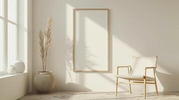 Scandinavian minimalist room with frame mockup. Japandi style photoframe template advertising image. Wooden chair, vase pampas grass. Vertical pictureframe mock up product photorealistic photo