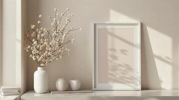 Simple white vases with delicate dried flowers beside minimalist frame mockup. Japandi style photoframe template advertising image. Poster border pictureframe mock up photorealistic photo