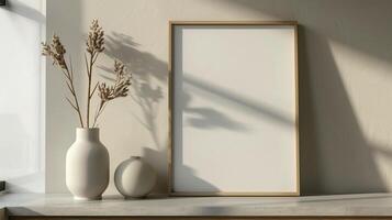 Neutral frame mockup paired with simple ceramic vase dried foliage. Japandi style photoframe template advertising image. Soft sunlight border pictureframe mock up product photorealistic photo