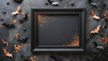 Halloween frame mockup with glittering bats and black stars. Spooky festive Helloween pictureframe template advertising image. Magical Haloween photoframe mock up product photorealistic photo