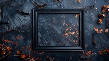 Dark frame mockup with Halloween bats and autumn branches. Helloween pictureframe template advertising image. Orange leaves spooky. Haloween photoframe mock up product photorealistic photo