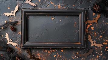 Halloween frame mockup with bats, pinecones and orange glitter accents. Spooky Helloween pictureframe template advertising image. Haloween photoframe mock up product photorealistic photo