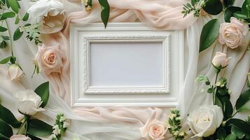 White frame mockup surrounded by soft roses and sheer fabric. Elegant arrangement photoframe template advertising image. Romantic serene pictureframe mock up product photorealistic photo