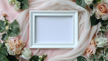 Frame mockup elegantly framed by pink white roses on soft sheer fabric. Gentle romantic photoframe template advertising image. Delicate flowers pictureframe mock up photorealistic photo