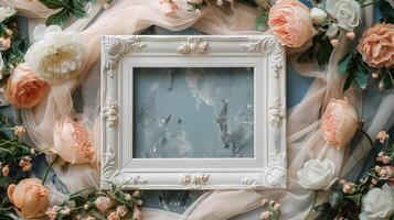 Vintage white frame mockup surrounded by peach roses placed on sheer fabric. Romantic nostalgic photoframe template advertising image. Bridal theme pictureframe mock up photorealistic photo