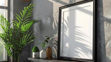 Black picture frame mockup rests on dark shelf surrounded by indoor greenery. Sunlight streams through window on pictureframe template advertising image. Contemporary border mock up photo