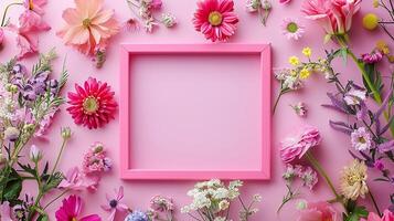 Bright pink frame mockup adorned with delicate wildflowers assortment. Floral composition photoframe template advertising image. Botanical pictureframe mock up product photorealistic photo