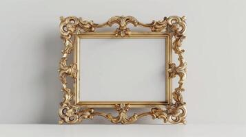 Elegant baroque gold frame mockup with intricate curves ornate floral patterns. Sophisticated photoframe template advertising image. Classic pictureframe mock up product photorealistic photo