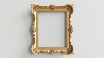 Stunning baroque-style gold frame mockup with lavish curves and elaborate details. Sophisticated photoframe template advertising image. Classic pictureframe mock up photorealistic photo