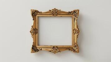 Ornate rococo gold frame mockup rich detailing with delicate scrollwork. Sophisticated photoframe template advertising image. Classic pictureframe mock up product photorealistic photo