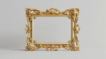 Gold baroque frame mockup intricate design with bold scrolls rich ornamentation. Sophisticated photoframe template advertising image. Classic pictureframe mock up product photorealistic photo