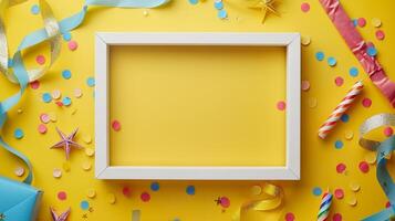 Party frame mockup with confetti and candles on yellow background. Fun festive pictureframe template advertising image. Playful arrangement photoframe border mock up photorealistic photo