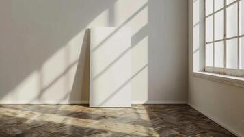 Blank white canvas mockup with dramatic lighting on rustic herringbone floor. Gallery border template advertising image. Exhibition artistic simplicity mock up product photorealistic photo