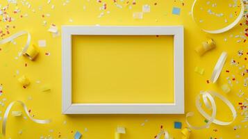 White frame mockup with yellow party decor and confetti serpentine. Curling ribbons pictureframe template advertising image. Playful party celebration photoframe border mock up product photo